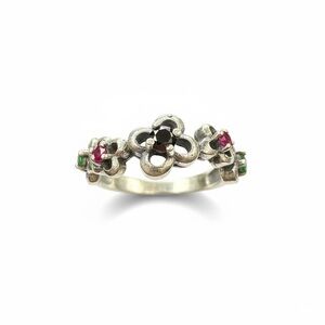 Vintage Floral Solid 925 Sterling Silver Natural Onyx Ruby Emerald Ring Size 8.5
